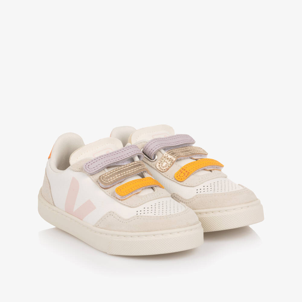 VEJA-Girls Ivory & Pink Leather V90 Trainers | Childrensalon