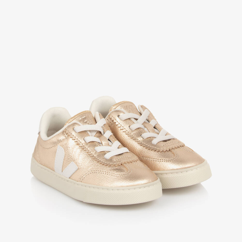 VEJA-Girls Metallic Gold Slip On Small Volley Leather Trainers | Childrensalon