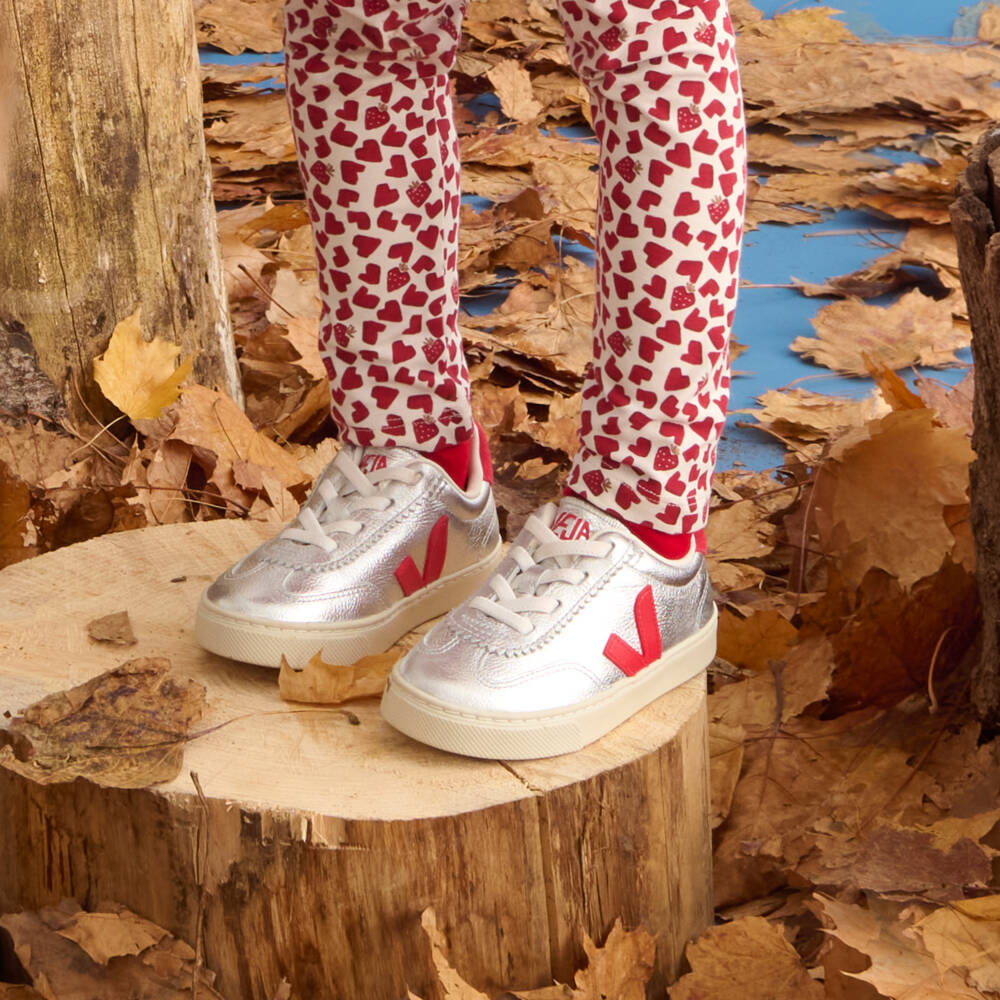 VEJA-Girls Metallic Silver & Red Leather Volley Trainers | Childrensalon