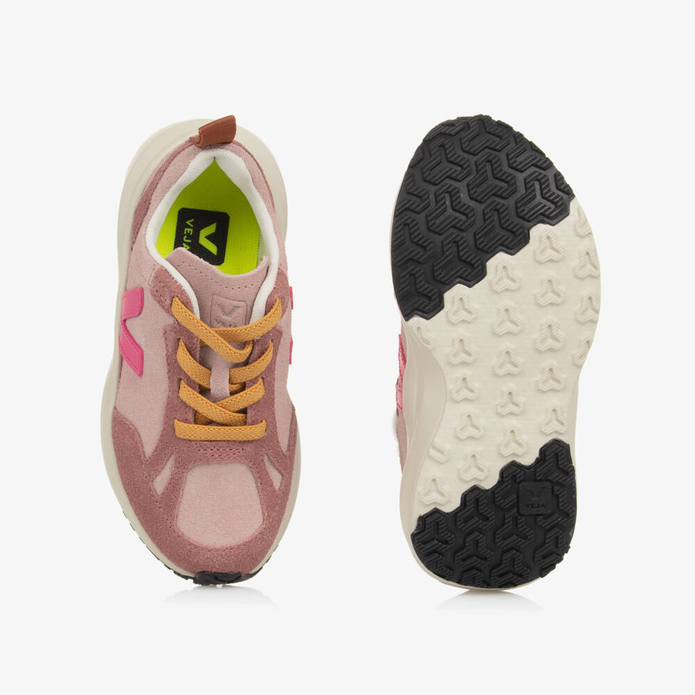 VEJA-Girls Pink Canary Suede Leather Trainers | Childrensalon