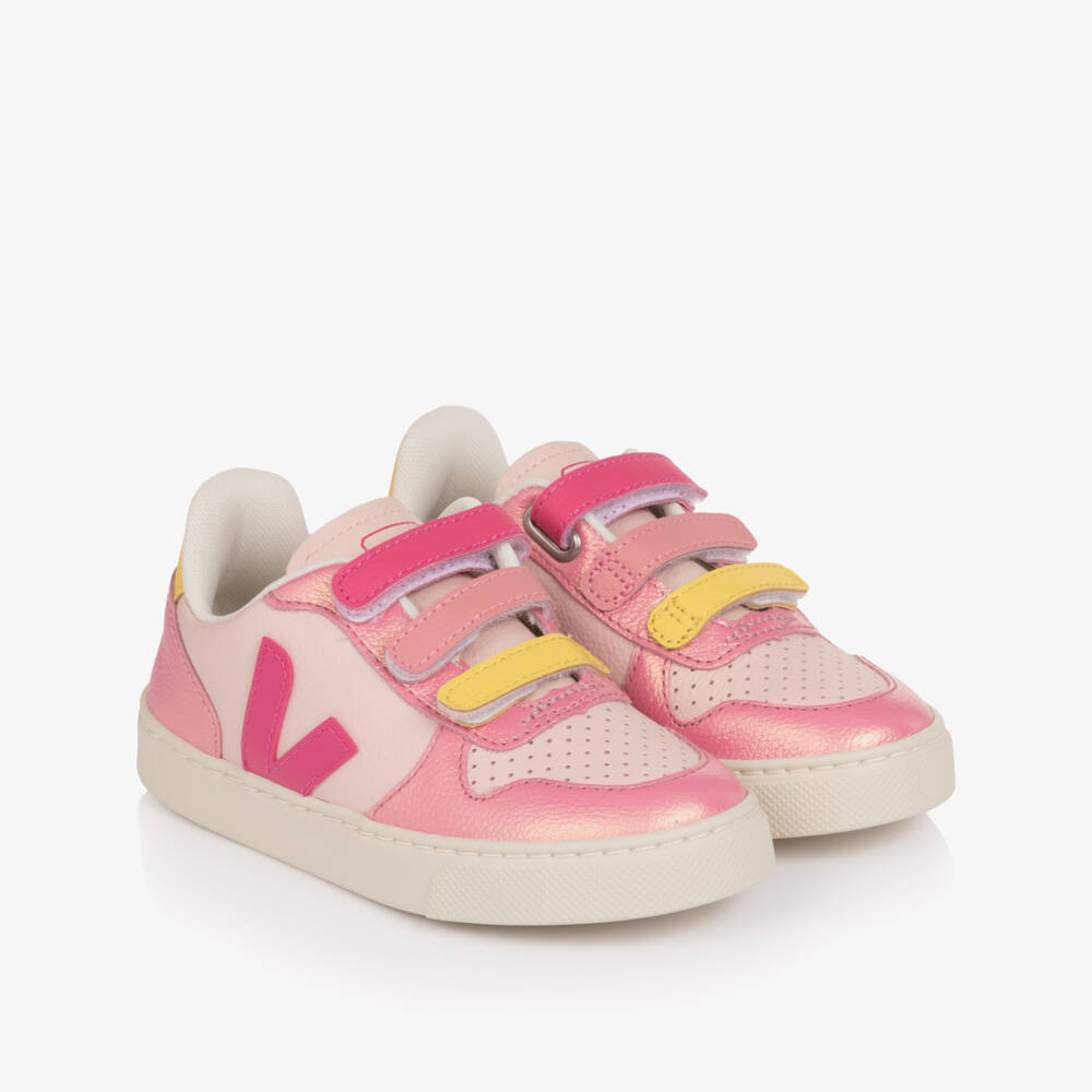 VEJA-Girls Pink Leather V10 Trainers with Velcro Fastening | Childrensalon