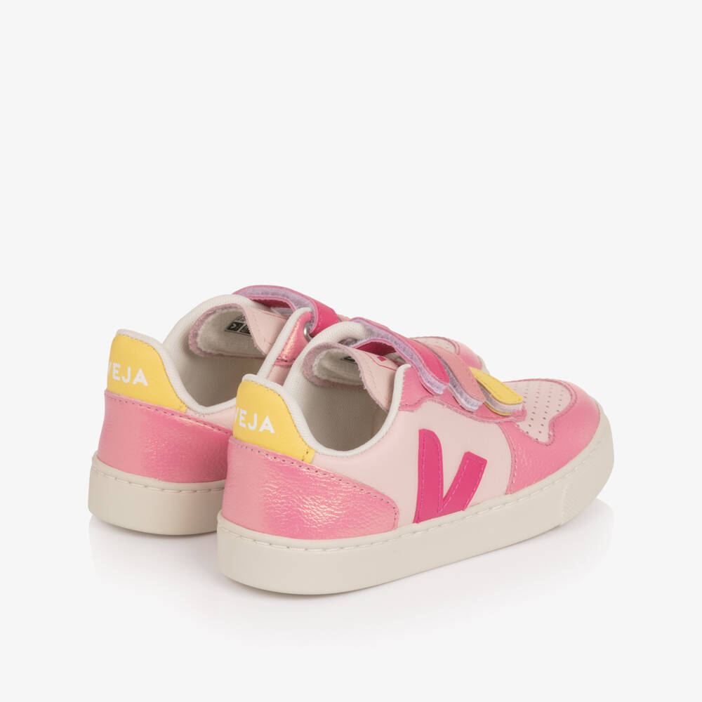 VEJA-Girls Pink Leather V10 Trainers with Velcro Fastening | Childrensalon