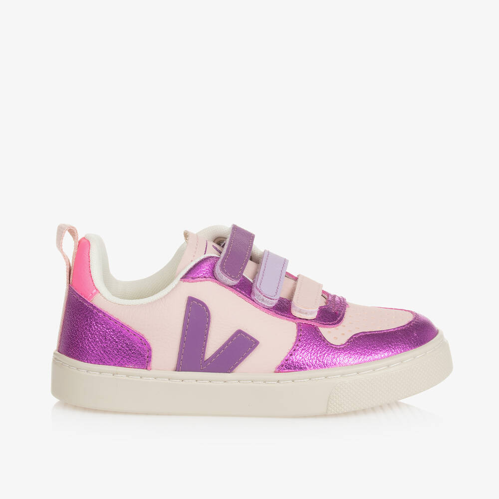 VEJA-حذاء رياضي V-10 جلد لون بنفسجي وزهري فاتح للبنات | Childrensalon