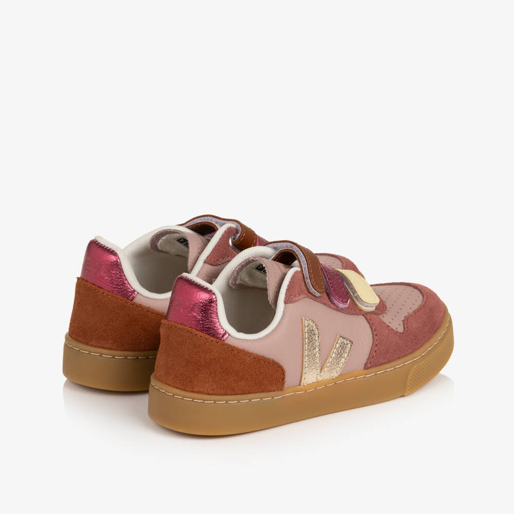 VEJA-Girls Pink & Tan Brown V-10 Leather Trainers | Childrensalon