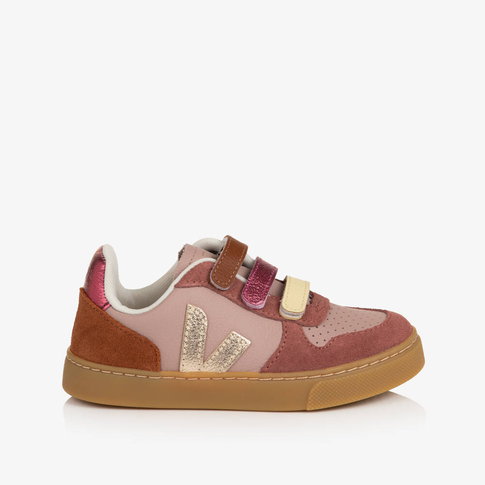 VEJA-Girls Pink & Tan Brown V-10 Leather Trainers | Childrensalon