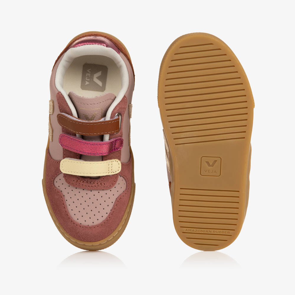 VEJA-Girls Pink & Tan Brown V-10 Leather Trainers | Childrensalon