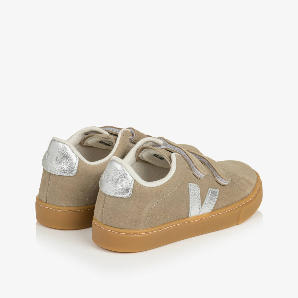 VEJA-Girls Taupe Brown & Silver Suede Esplar Trainers | Childrensalon