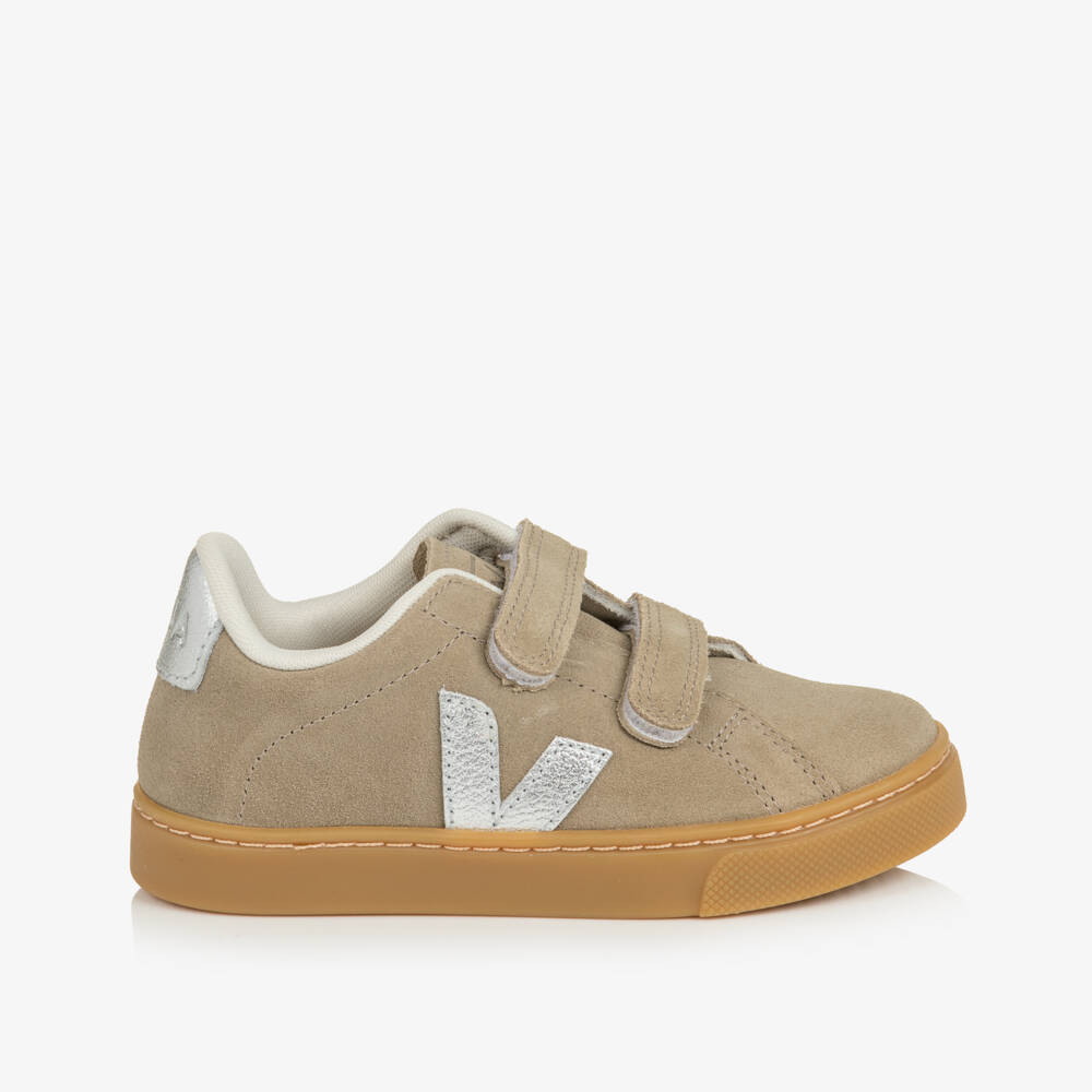 VEJA-Girls Taupe Brown & Silver Suede Esplar Trainers | Childrensalon