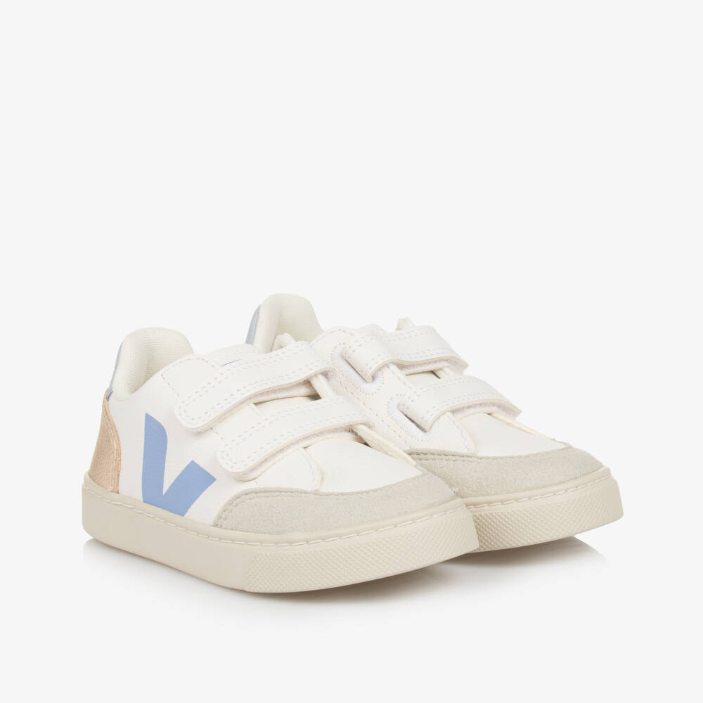VEJA-Girls White, Gold & Blue V-12 Leather Trainers | Childrensalon
