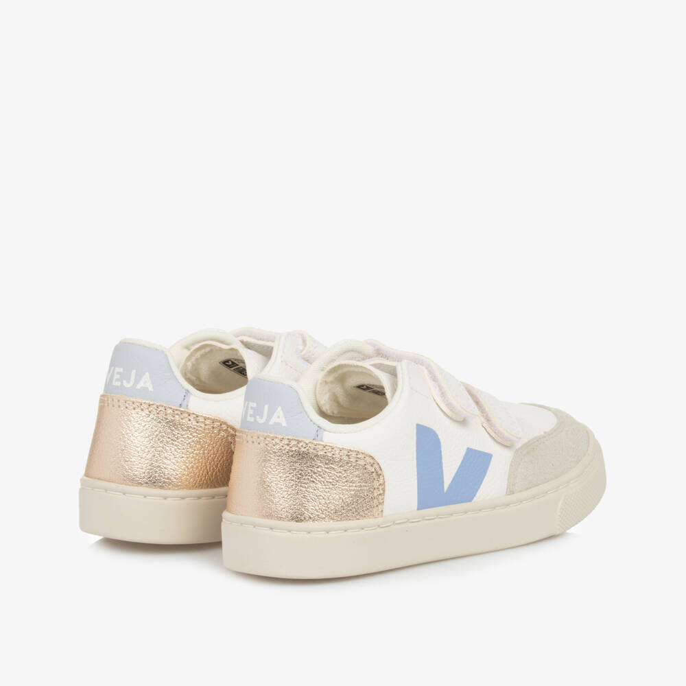 VEJA-Girls White, Gold & Blue V-12 Leather Trainers | Childrensalon
