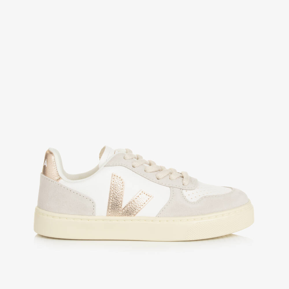 VEJA Girls White Gold Leather V-10 Trainers Childrensalon