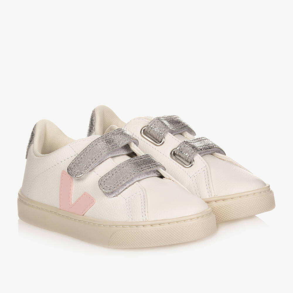 VEJA-Girls White & Pink Leather Esplar Trainers | Childrensalon