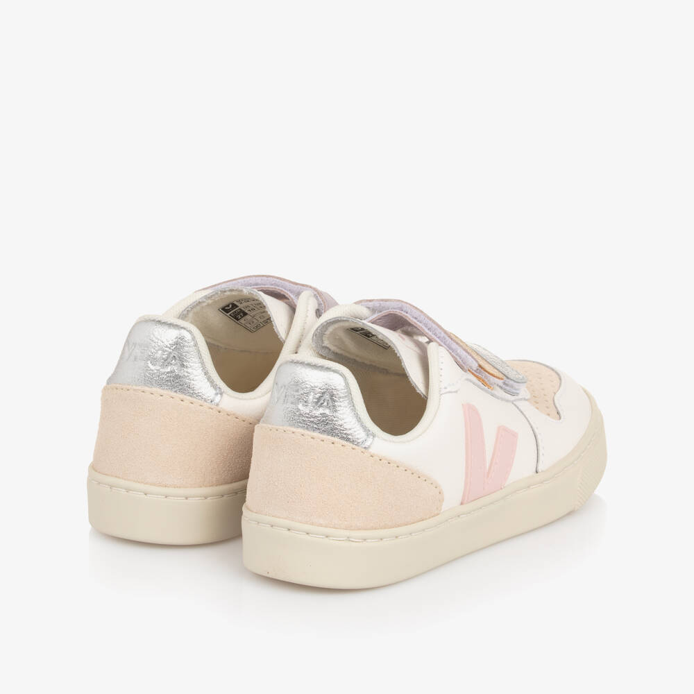 VEJA-Girls White & Pink Leather V-10 Velcro Trainers | Childrensalon