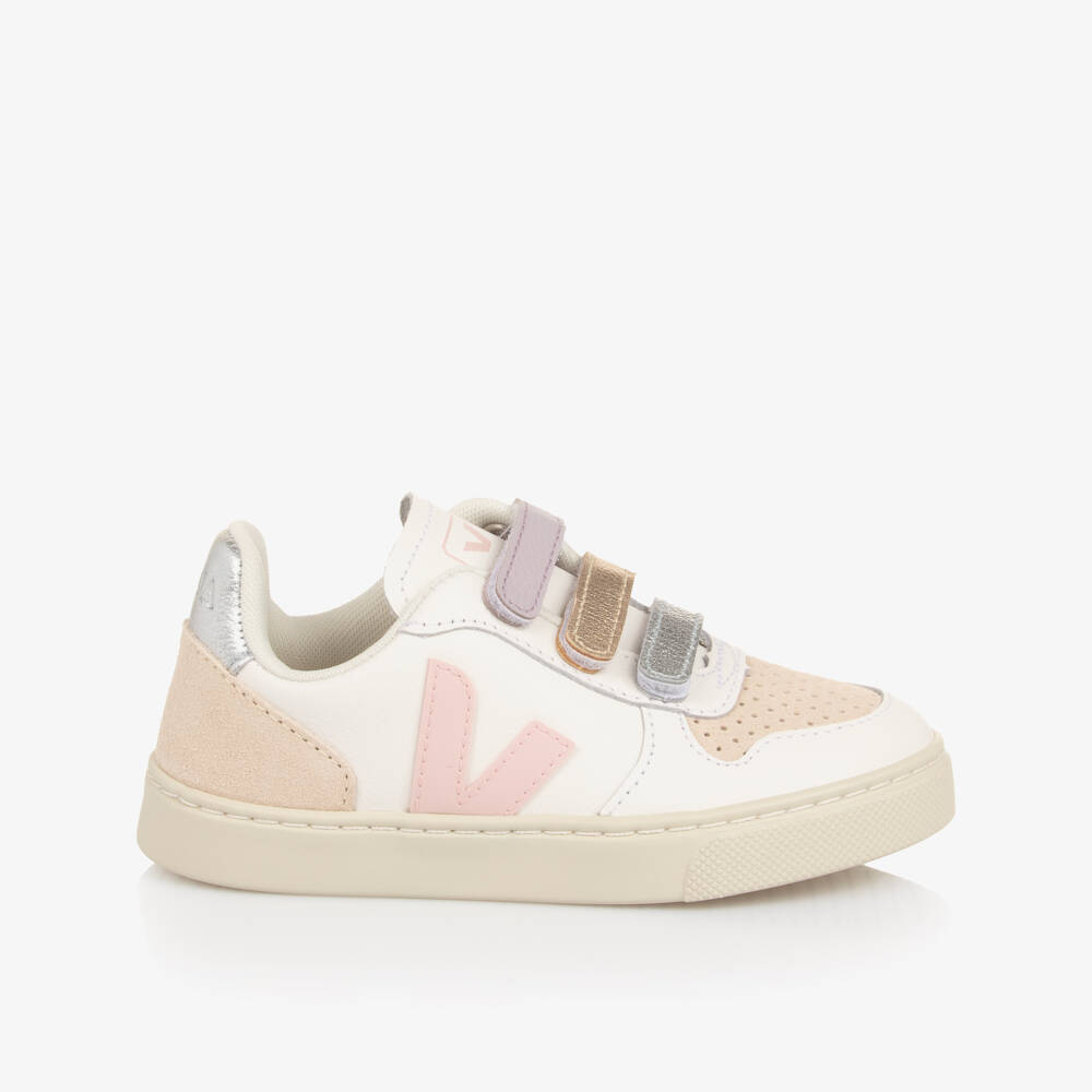 VEJA-Girls White & Pink Leather V-10 Velcro Trainers | Childrensalon