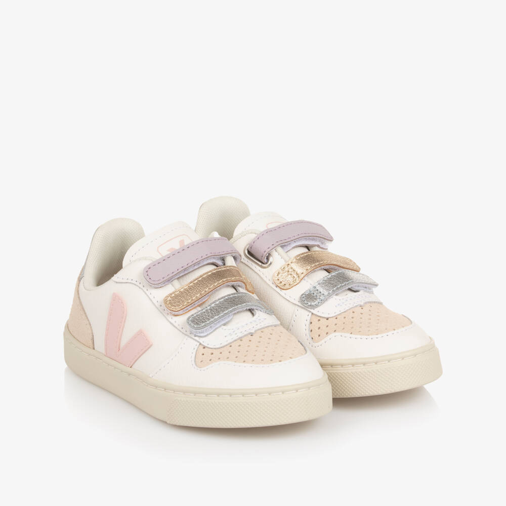 VEJA-Girls White & Pink Leather V-10 Velcro Trainers | Childrensalon