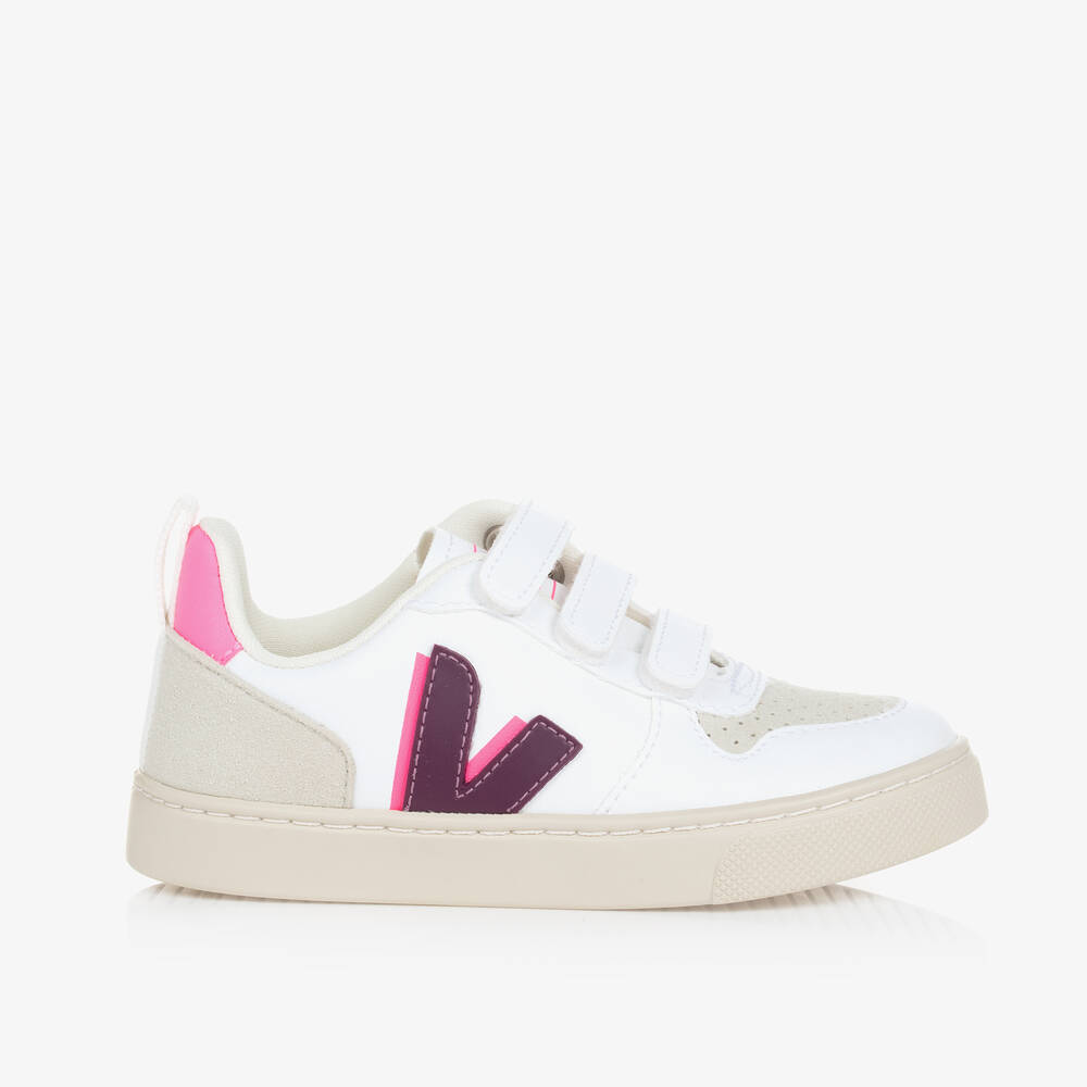 VEJA-Girls White & Purple Faux Leather V-10 Trainers | Childrensalon