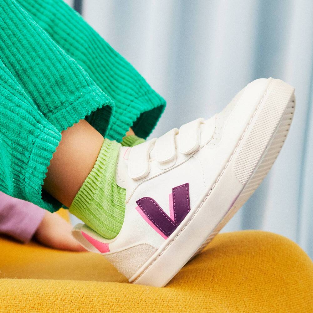 VEJA-Girls White & Purple Faux Leather V-10 Trainers | Childrensalon