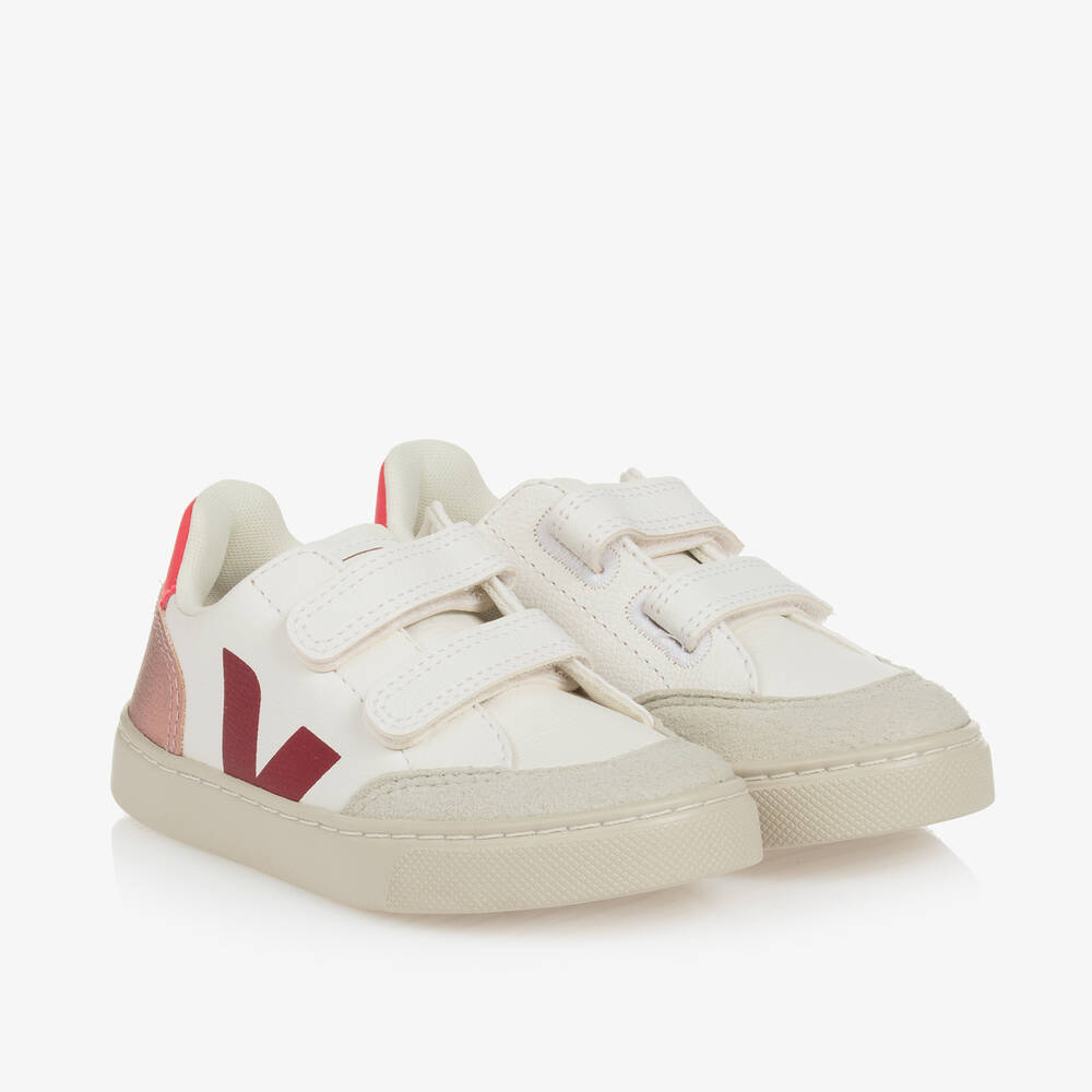 VEJA-Girls White & Red V-12 Leather Trainers | Childrensalon