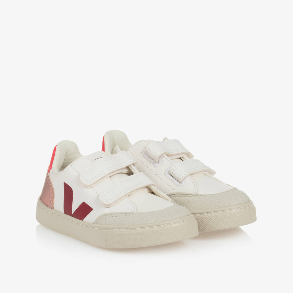 VEJA-Girls White & Red V-12 Leather Trainers | Childrensalon