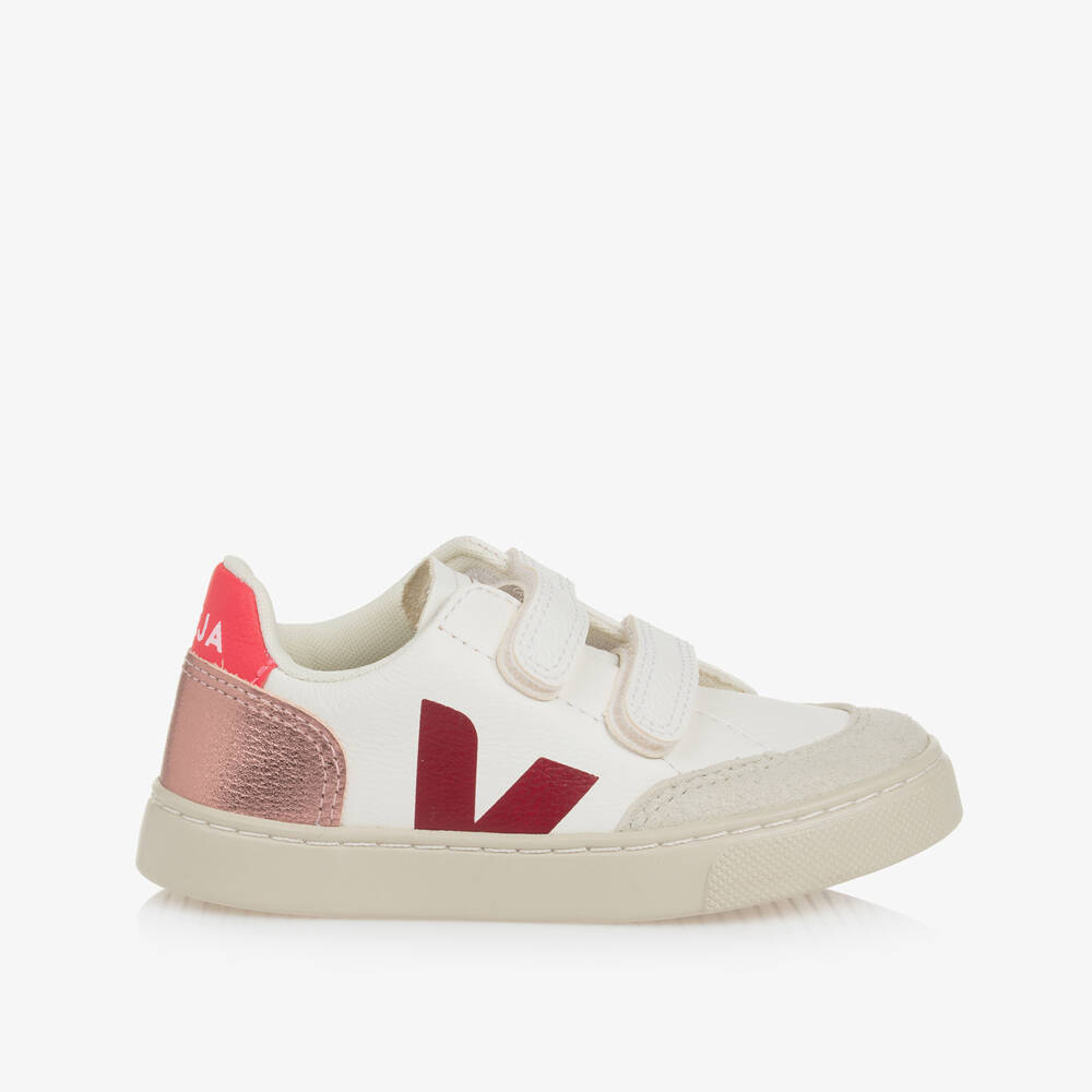 VEJA-Girls White & Red V-12 Leather Trainers | Childrensalon