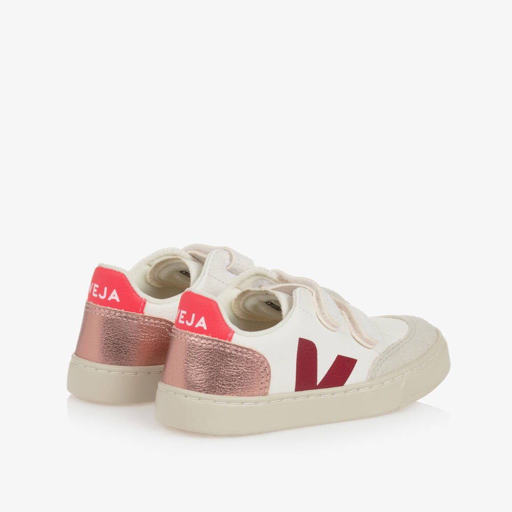 VEJA-Girls White & Red V-12 Leather Trainers | Childrensalon
