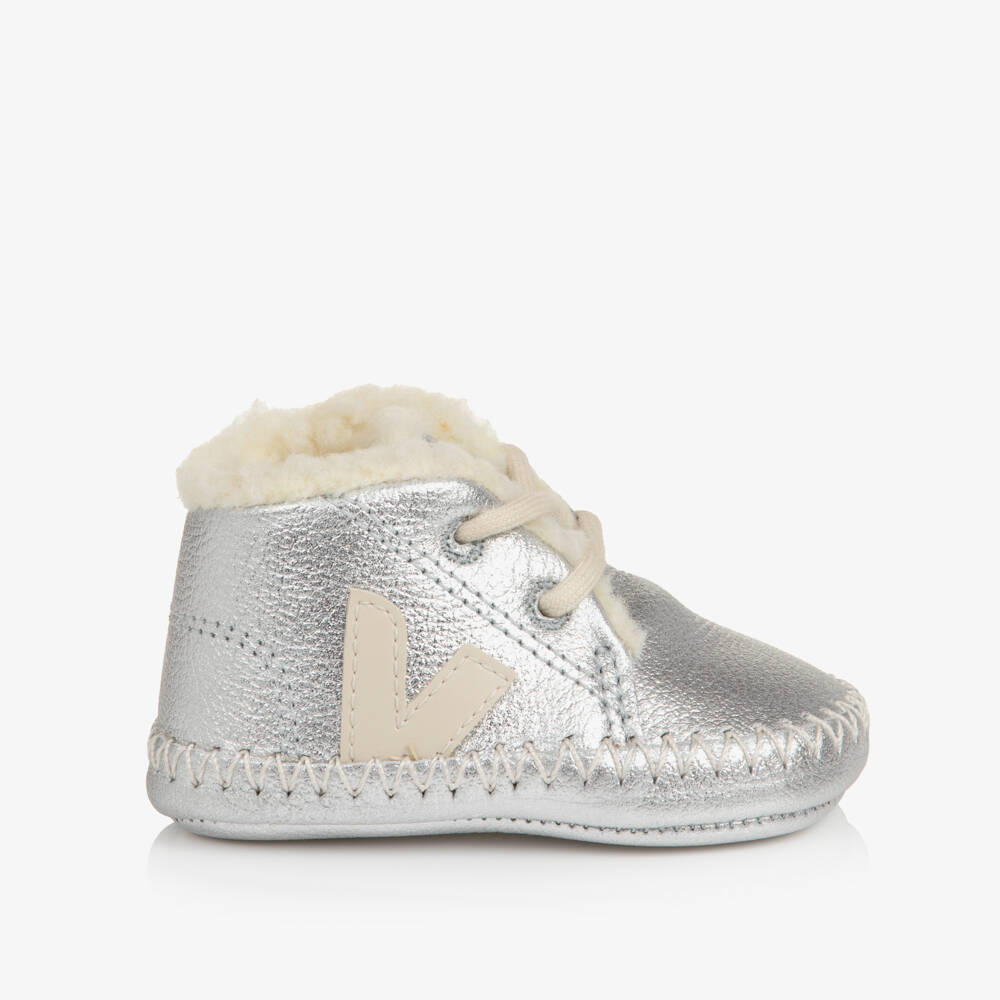 VEJA-Metallic Silver Leather Pierre Pre-Walker Shoes | Childrensalon