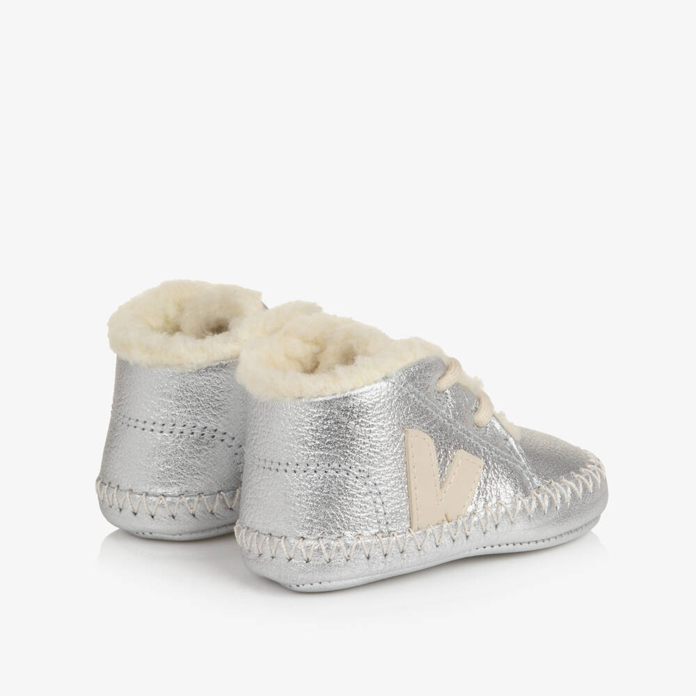 VEJA-Metallic Silver Leather Pierre Pre-Walker Shoes | Childrensalon