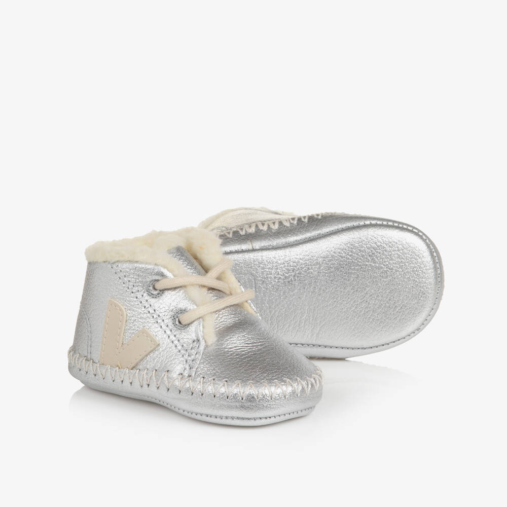 VEJA-Metallic Silver Leather Pierre Pre-Walker Shoes | Childrensalon