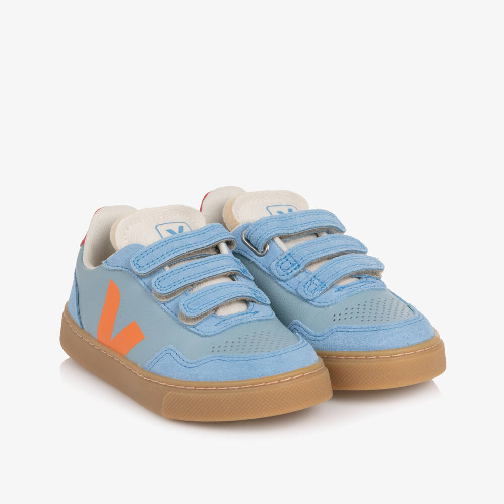 VEJA-Pale Blue Small V-90 Leather Velcro Trainers | Childrensalon