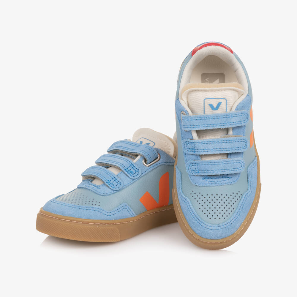 VEJA-Pale Blue V-90 Leather Velcro Trainers | Childrensalon