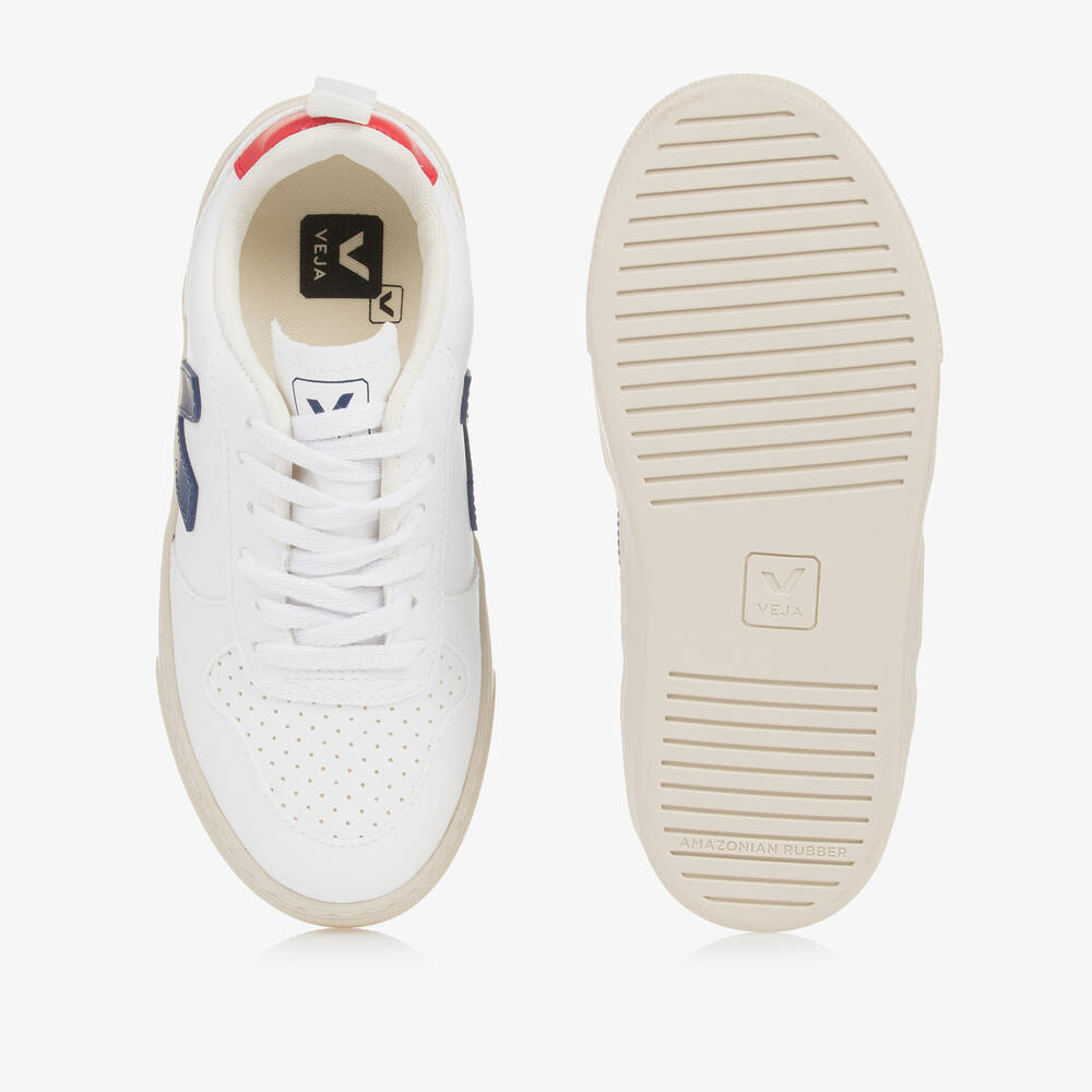 VEJA-Teen White & Navy Blue Lace-Up V-10 Trainers | Childrensalon
