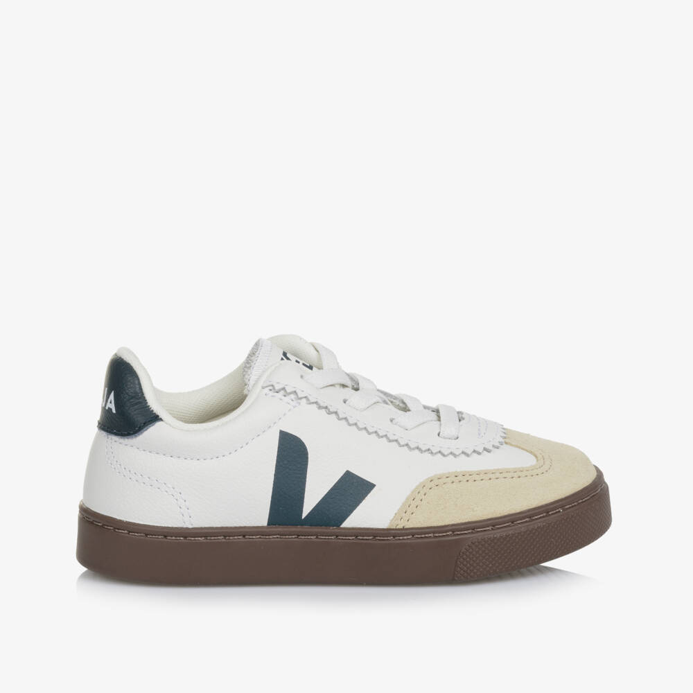 VEJA-Кроссовки Volley кожаные бело-бежевые и чёрные | Childrensalon