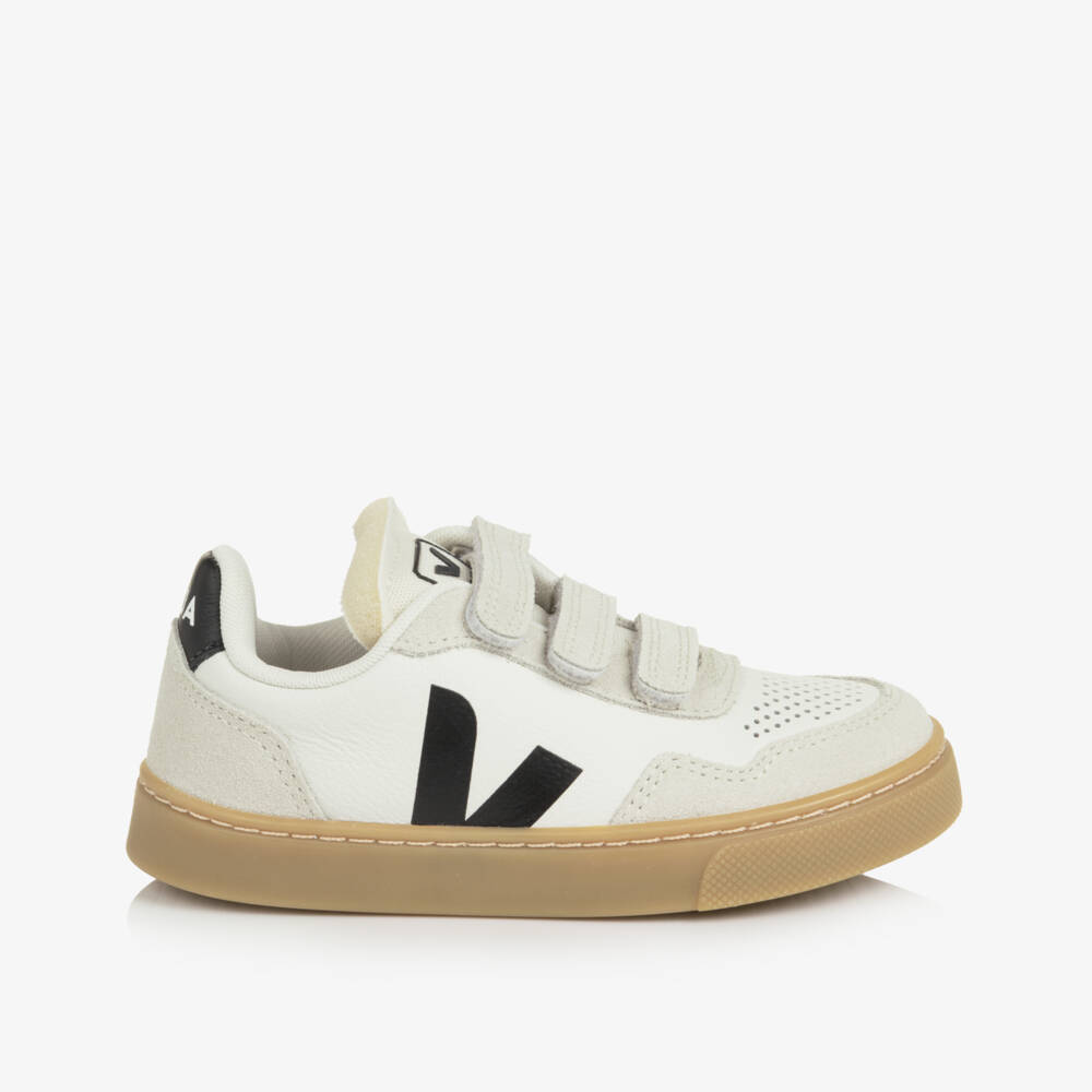 VEJA-White & Black V-90 Leather Velcro Trainers | Childrensalon