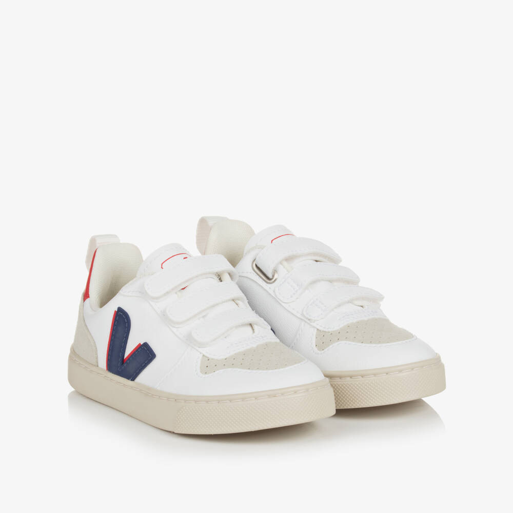 VEJA-White & Blue Faux Leather V-10 Trainers | Childrensalon