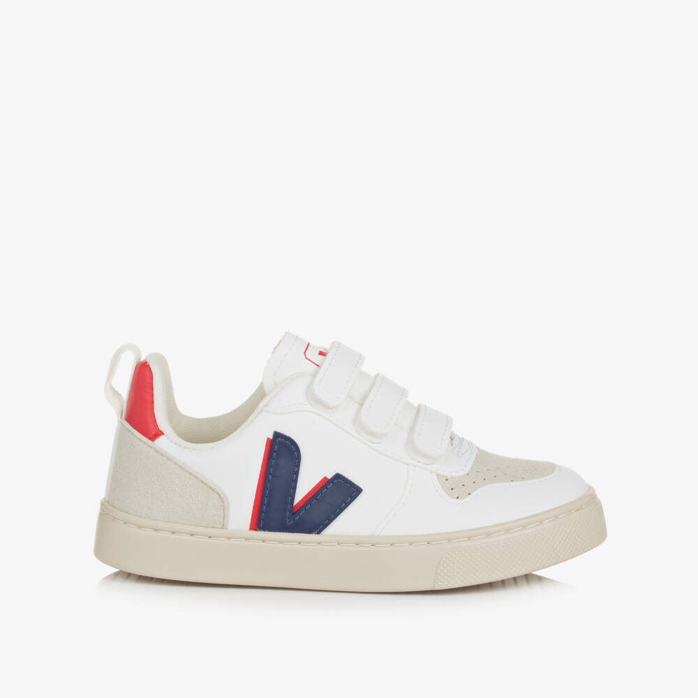 VEJA-White & Blue Faux Leather V-10 Trainers | Childrensalon