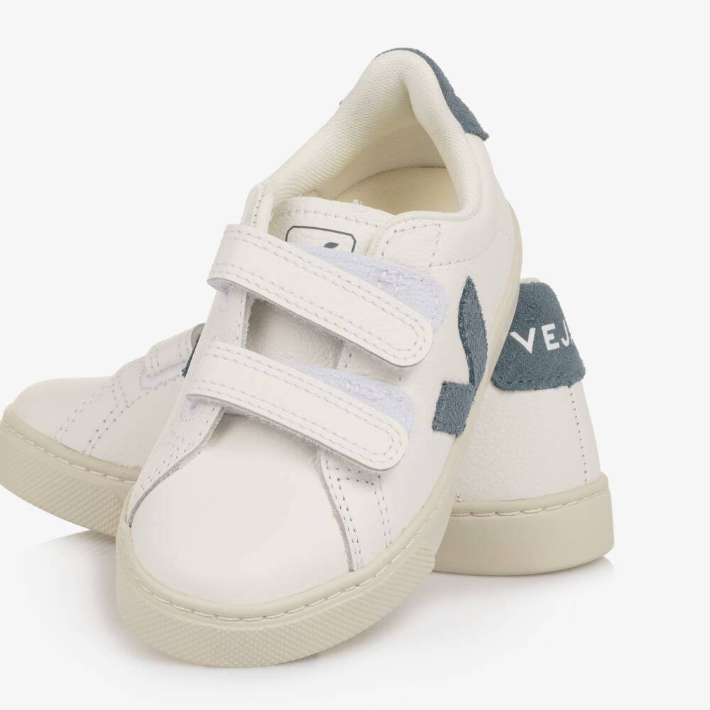 VEJA-White & Blue Leather Esplar Velcro Trainers | Childrensalon