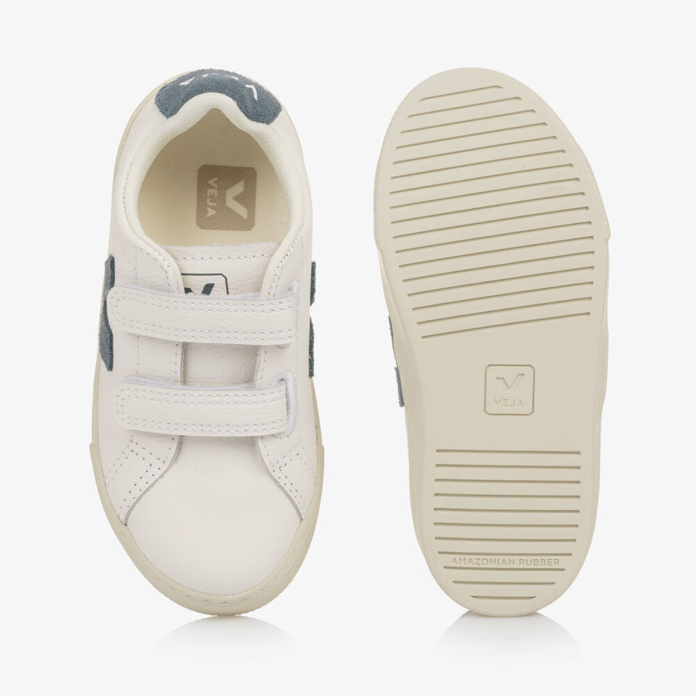 VEJA-White & Blue Leather Esplar Velcro Trainers | Childrensalon