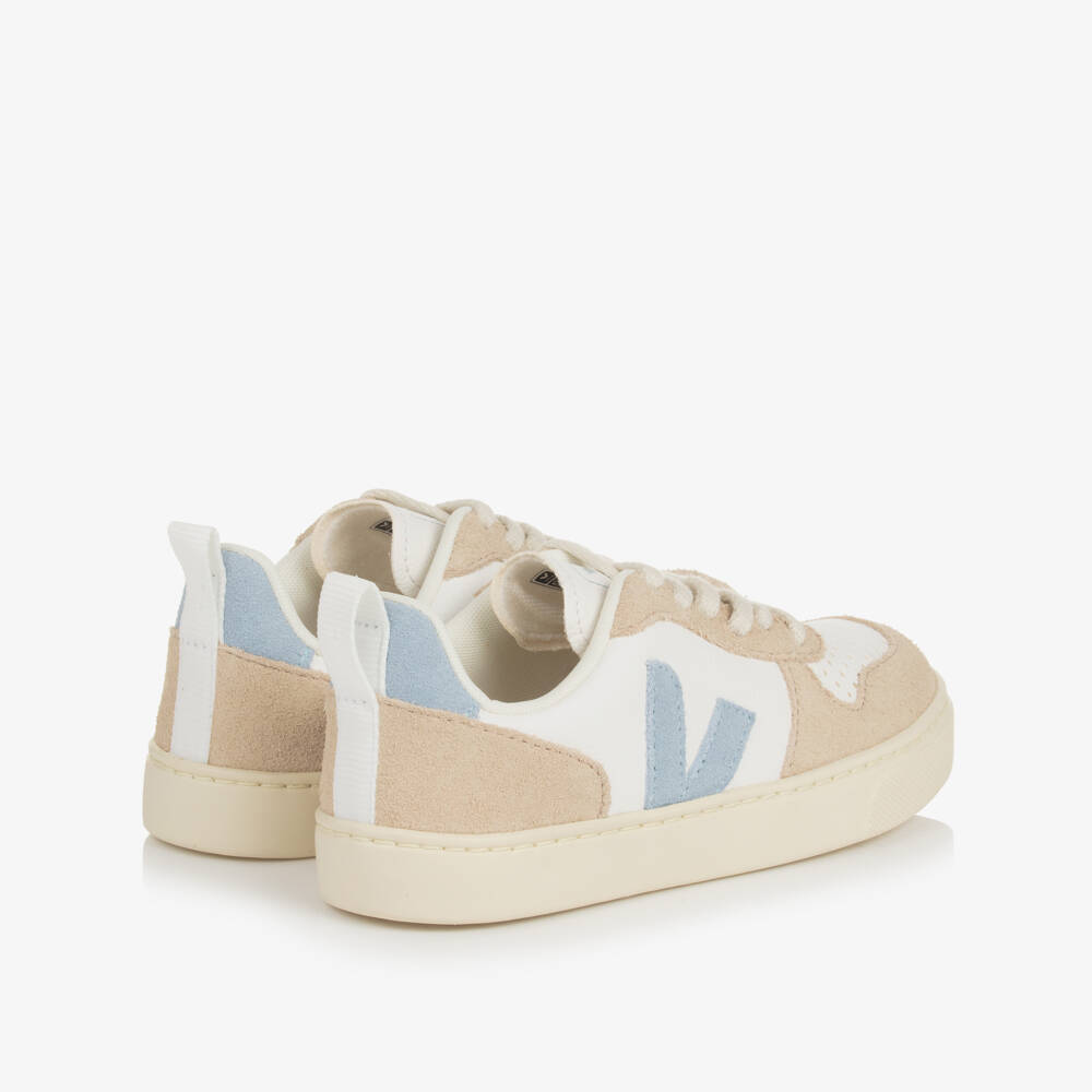 VEJA-White & Blue Leather V-10 Trainers | Childrensalon
