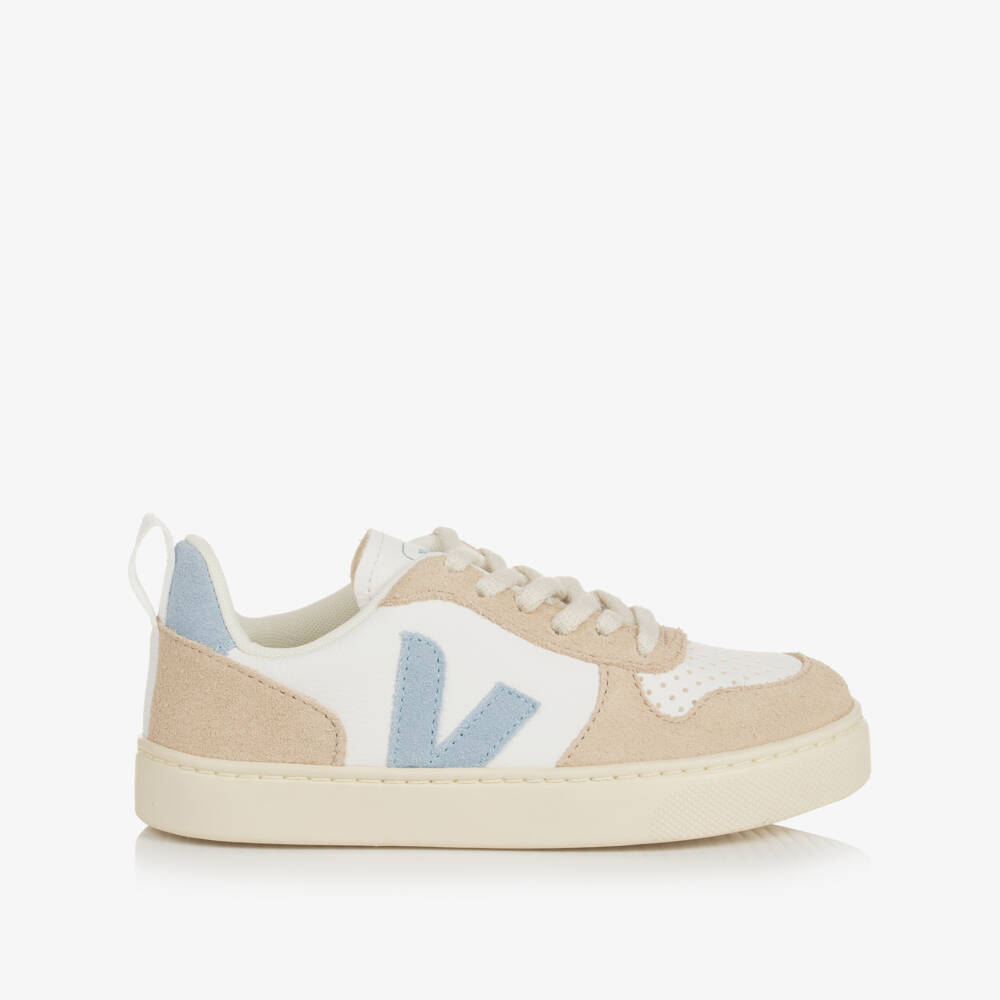 VEJA-White & Blue Leather V-10 Trainers | Childrensalon