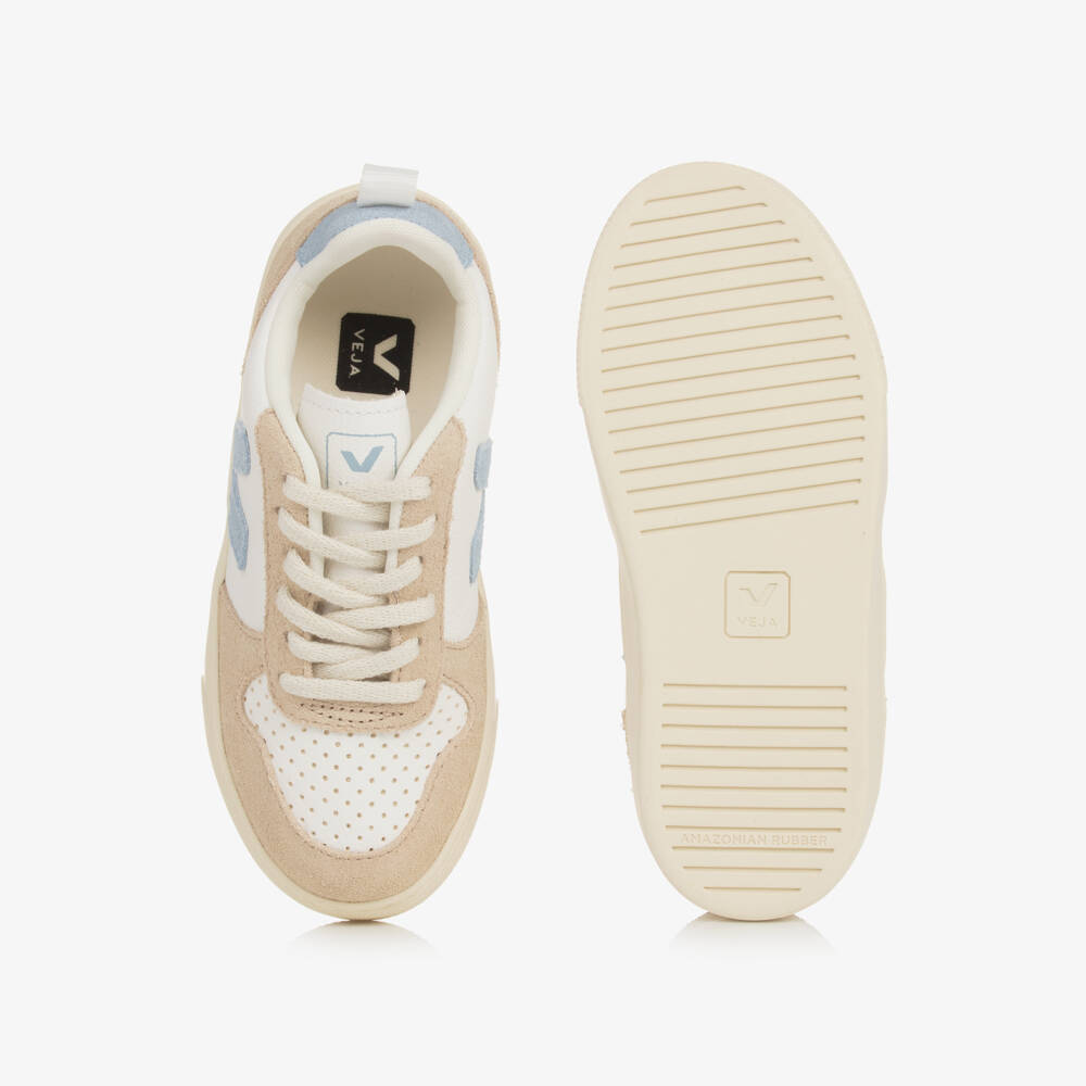VEJA-White & Blue Leather V-10 Trainers | Childrensalon