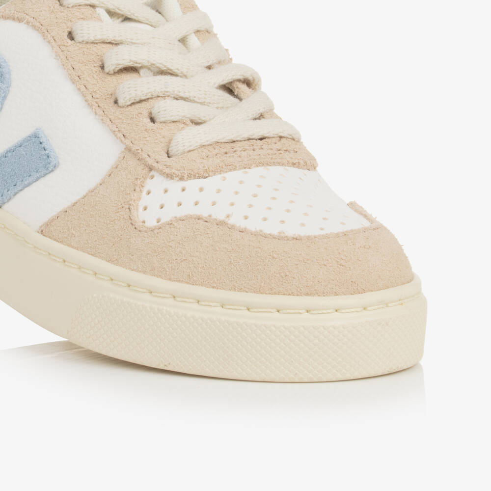 VEJA-White & Blue Leather V-10 Trainers | Childrensalon