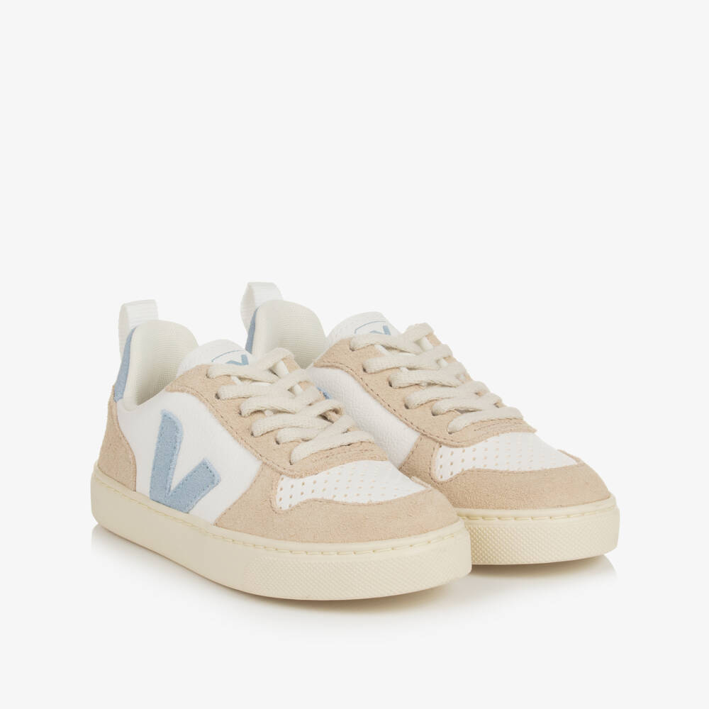 VEJA-White & Blue Leather V-10 Trainers | Childrensalon