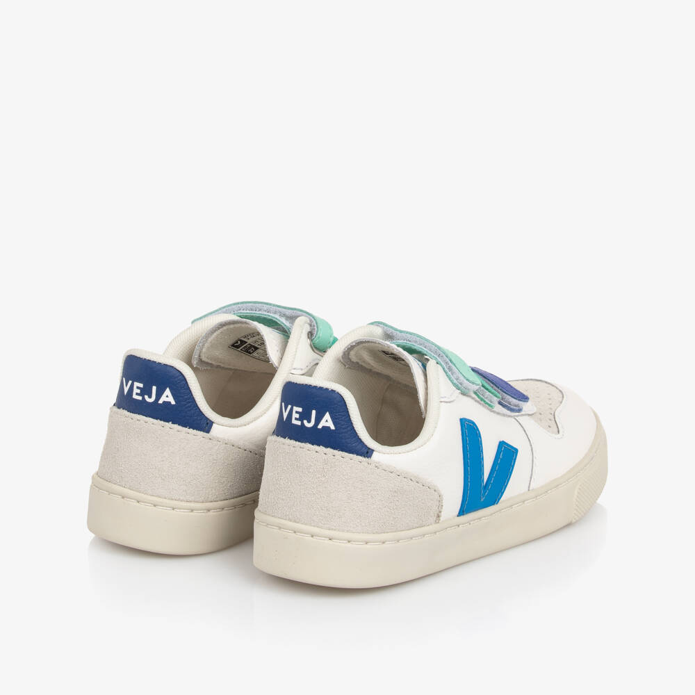 VEJA-White & Blue Velcro V-10 Leather Trainers | Childrensalon