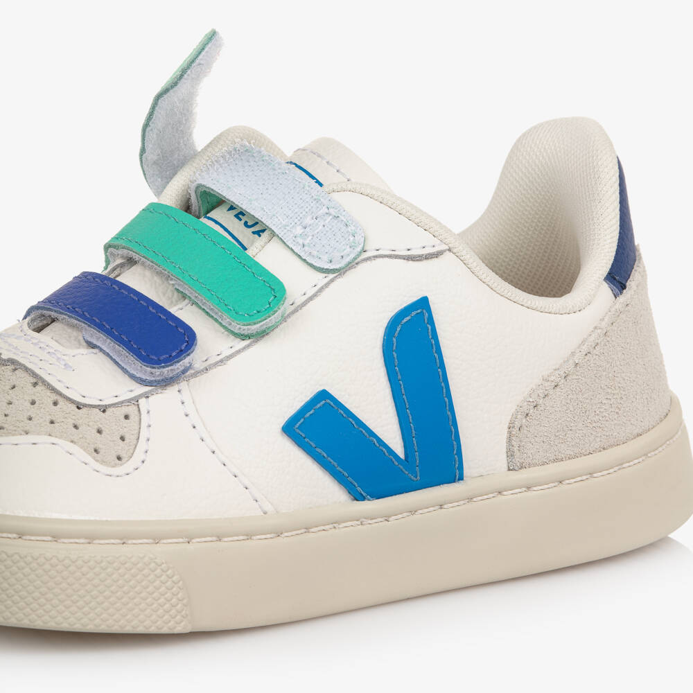 VEJA-White & Blue Velcro V-10 Leather Trainers | Childrensalon