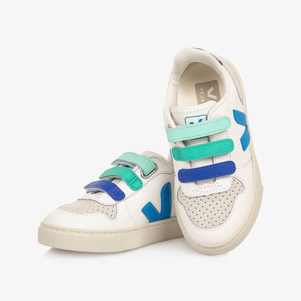 VEJA-White & Blue Velcro V-10 Leather Trainers | Childrensalon