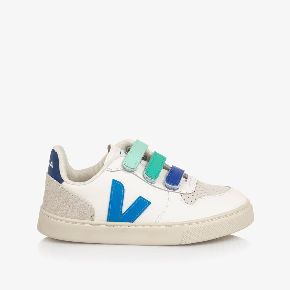 VEJA-White & Blue Velcro V-10 Leather Trainers | Childrensalon