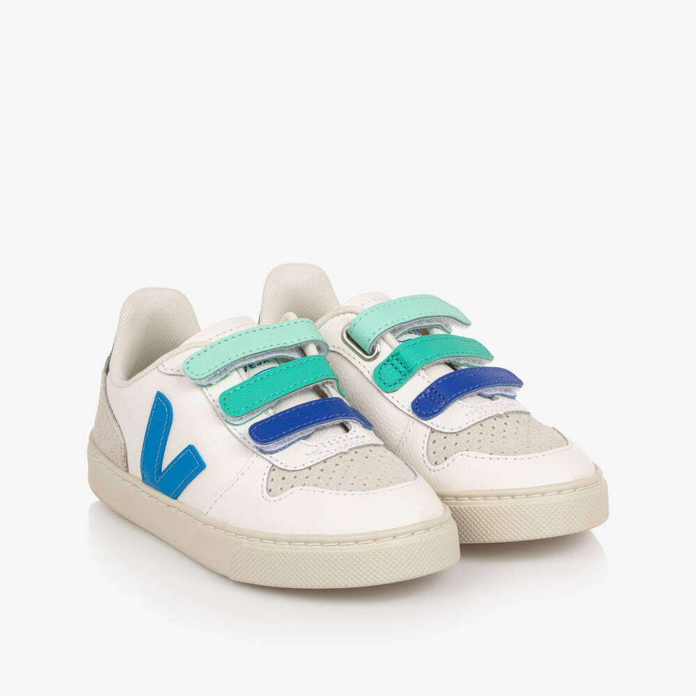VEJA-White & Blue Velcro V-10 Leather Trainers | Childrensalon