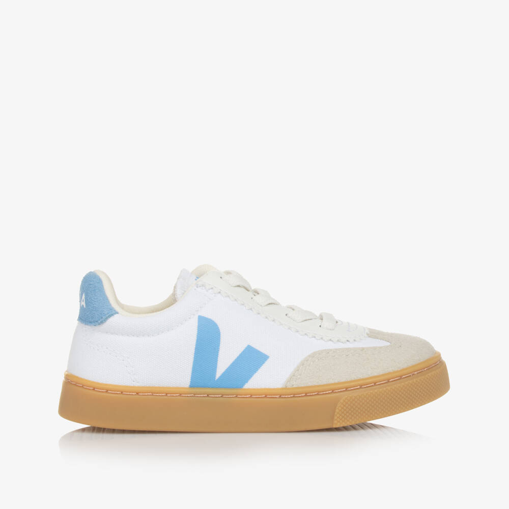 VEJA-White & Blue Volley Canvas Slip-On Trainers | Childrensalon