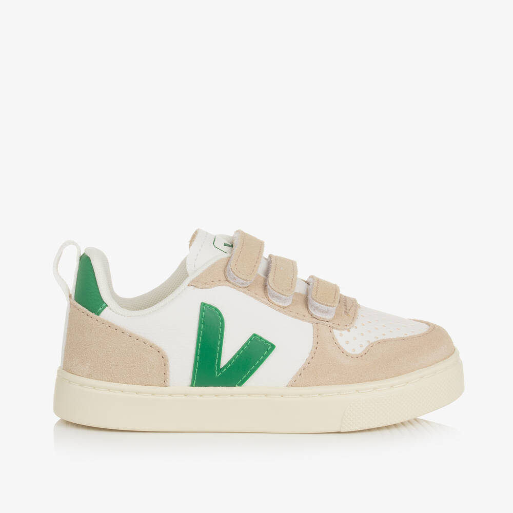 VEJA-حذاء رياضي V-10 جلد لون أبيض وأخضر | Childrensalon