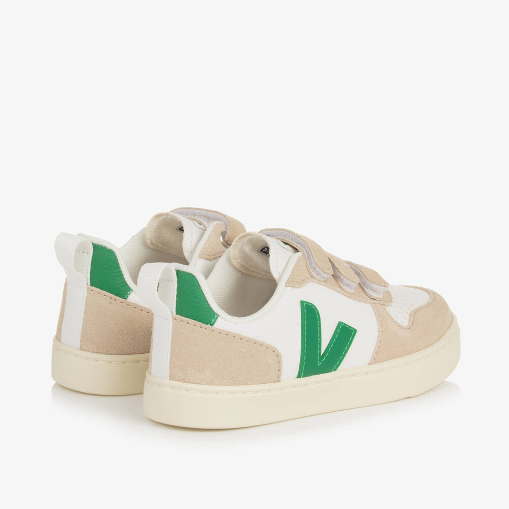 VEJA-حذاء رياضي V-10 جلد لون أبيض وأخضر | Childrensalon
